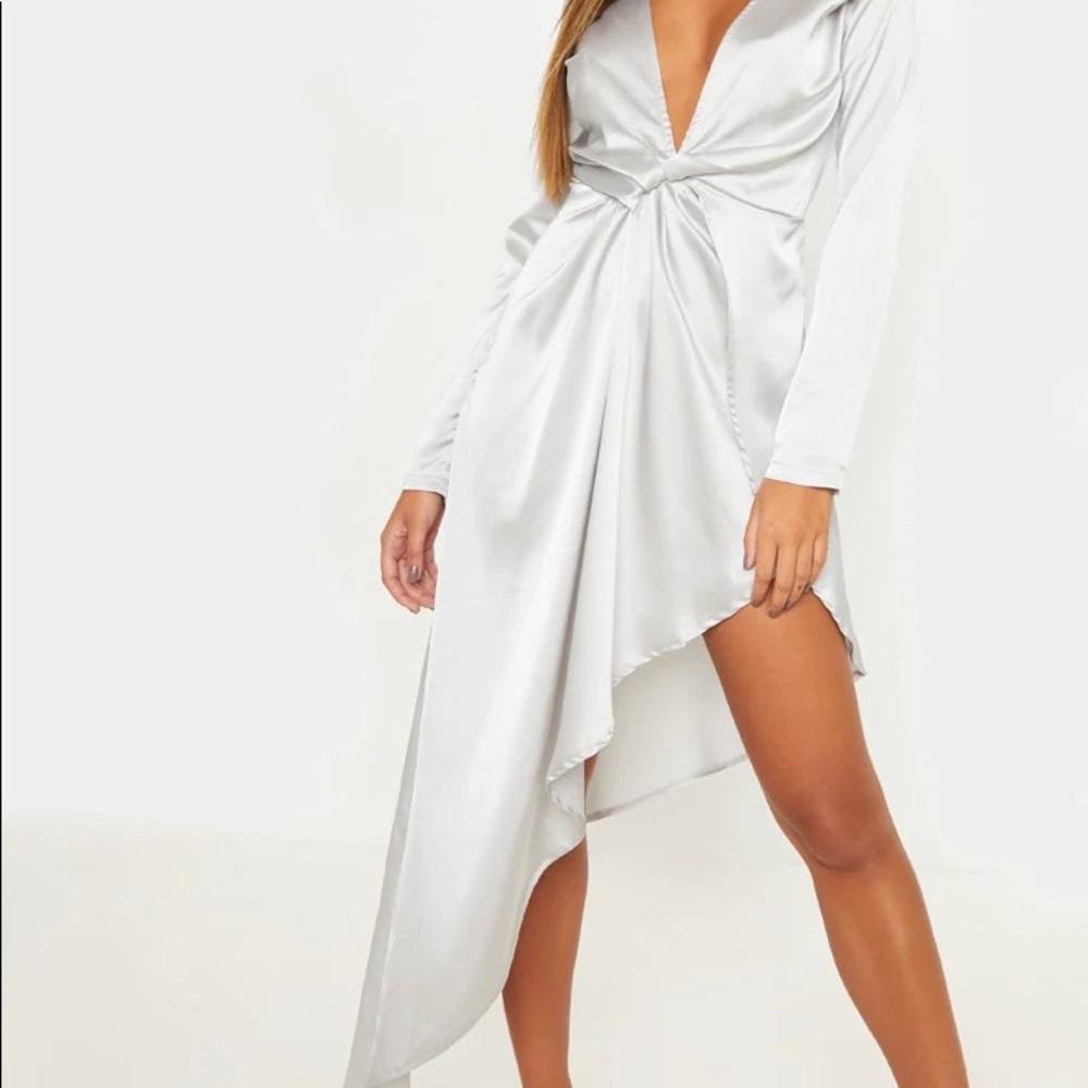 BLACK Asymmetric Hem Long Sleeve Plunge Satin Maxi Dress ~ NWOT